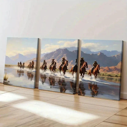 3pcs Cowboys Herd Of Horses River Mountains Wall Art Set Canvas Framed 50x70cm - High Quality Print 100% Australian Made Wall Canvas Ready to Hang - Bella Home Decor