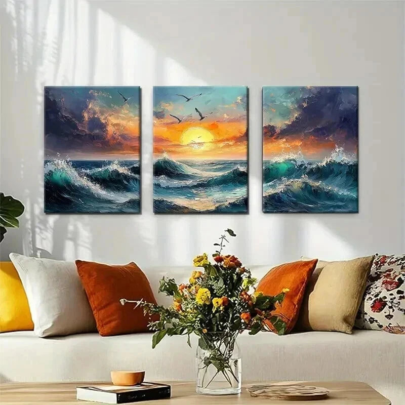 3pcs Ocean Sunset  Fiery Sky & Seagulls Perfect Wall Art Set Canvas Framed 50x70cm - High Quality Print 100% Australian Made Wall Canvas Ready to Hang