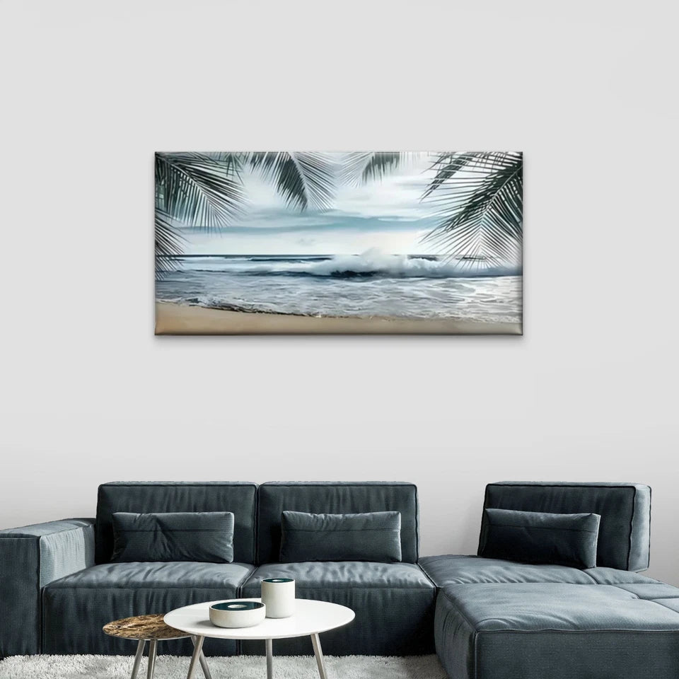 Beach Scene Palm Trees Ocean Wall Art Canvas Office Home Room Framed 120x60cm