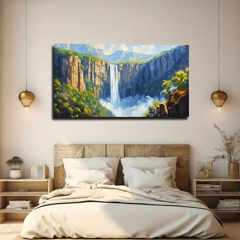The Waterfall Drops Three Wall Art Canvas Office Home Room Framed 120x60cm