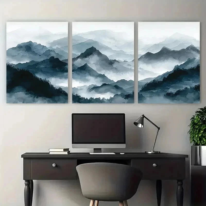 3pcs Misty Mountain Watercolour Perfect Wall Art Set Canvas Framed 50x70cm - High Quality Print 100% Australian Made Wall Canvas Ready to Hang