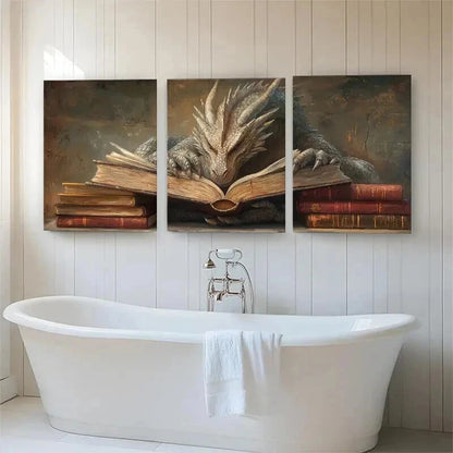 3pcs Wise Dragon Reading Books Mystical Perfect Wall Art Set Canvas Framed 40x60cm - High Quality Print 100% Australian Made Wall Canvas Ready to Hang - Bella Home Decor