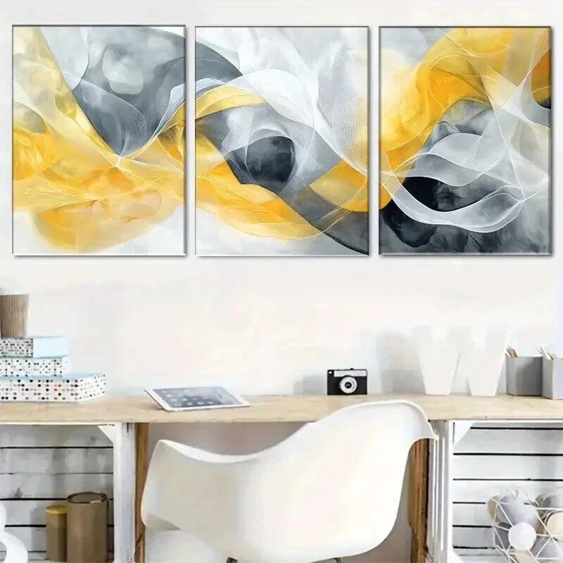 3pcs Abstract Yellow And Gray Geometric Wall Art Set Canvas Framed 50x70cm - High Quality Print 100% Australian Made Wall Canvas Ready to Hang - Bella Home Decor