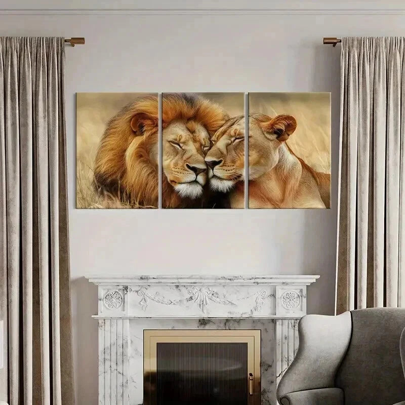 3pcs Lion & Lioness Couple Nature Serenity Wall Art Set Canvas Framed 50x70cm - High Quality Print 100% Australian Made Wall Canvas Ready to Hang - Bella Home Decor