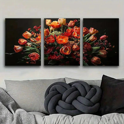 3pcs Flower Bouquet in Warm Tones Wall Art Set Canvas Framed 50x70cm - High Quality Print 100% Australian Made Wall Canvas Ready to Hang - Bella Home Decor