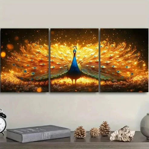3pcs Golden Peacock Art Decoration Wall Art Set Canvas Unframed - High Quality Print 100% Australian Made Wall Canvas