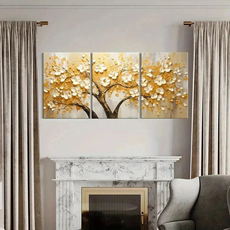 3pcs Abstract Golden Leaf White Flowers Wall Art Set Canvas Framed 40x60cm - High Quality Print 100% Australian Made Wall Canvas Ready to Hang - Bella Home Decor