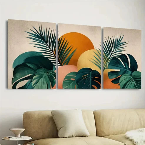 3pcs DustinWay Geometric Sun Jungle Palm Leaves Wall Art Set Canvas Unframed - High Quality Print 100% Australian Made Wall Canvas - Bella Home Decor