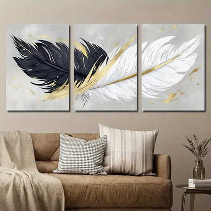 3pcs Abstract Black And White Golden Feather Wall Art Set Canvas Unframed - High Quality Print 100% Australian Made Wall Canvas - Bella Home Decor