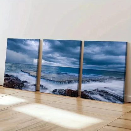 3pcs Seascape and Lightning Clouds Wall Art Set Canvas Framed 60x90cm - High Quality Print 100% Australian Made Wall Canvas Ready to Hang