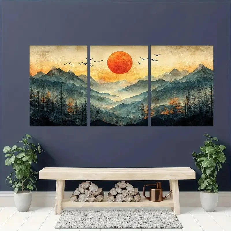 3pcs Mountain Landscape with Sun and Birds Wall Art Set Canvas Framed 50x70cm - High Quality Print 100% Australian Made Wall Canvas Ready to Hang