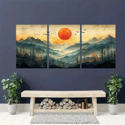 3pcs Mountain Landscape with Sun and Birds Wall Art Set Canvas Framed 50x70cm - High Quality Print 100% Australian Made Wall Canvas Ready to Hang