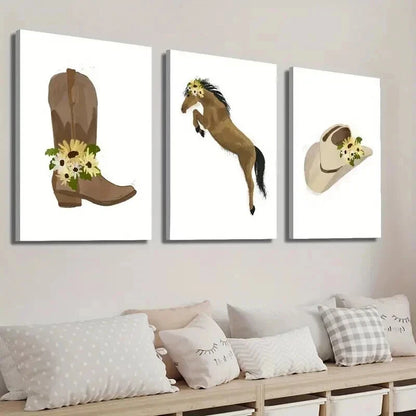 3pcs Hat & Jumping Horse Yellow Daisy Perfect Wall Art Set Canvas Framed 60x90cm - High Quality Print 100% Australian Made Wall Canvas Ready to Hang - Bella Home Decor
