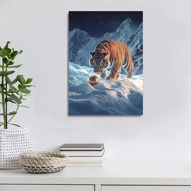 Dreamlike Tiger Playing with Ball On Snowy Painting 40x60cm Metal Print Ready to Hang - Bella Home Decor