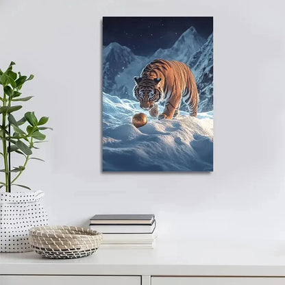 Dreamlike Tiger Playing with Ball On Snowy Painting 40x60cm Metal Print Ready to Hang - Bella Home Decor