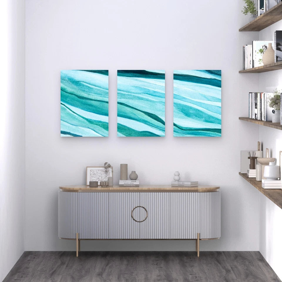 3pcs Blue Watercolor Abstract Style Metal Print Ready to Hang Art