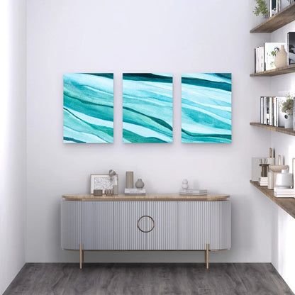 3pcs Blue Watercolor Abstract Style Metal Print Ready to Hang Art