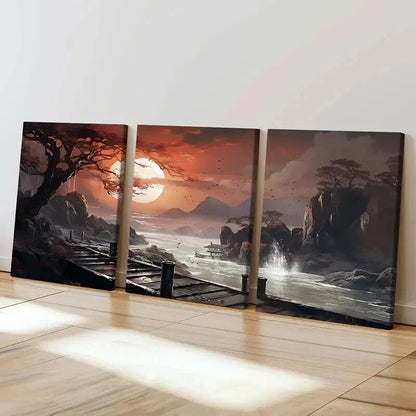 3pcs Artistic Sunset Traditional Chinese Wall Art Set Canvas Framed 50x70cm - High Quality Print 100% Australian Made Wall Canvas Ready to Hang - Bella Home Decor