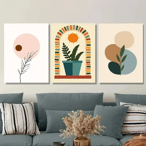 3pcs Abstract 3 Boho Style Paintings Wall Art Set Canvas Unframed - High Quality Print 100% Australian Made Wall Canvas - Bella Home Decor