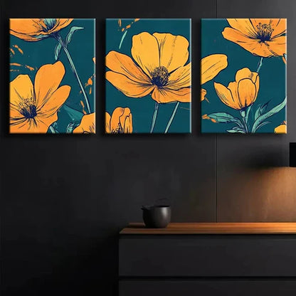 3pcs Orange Floral Colorful Pattern Perfect Wall Art Set Canvas Unframed - High Quality Print 100% Australian Made Wall Canvas