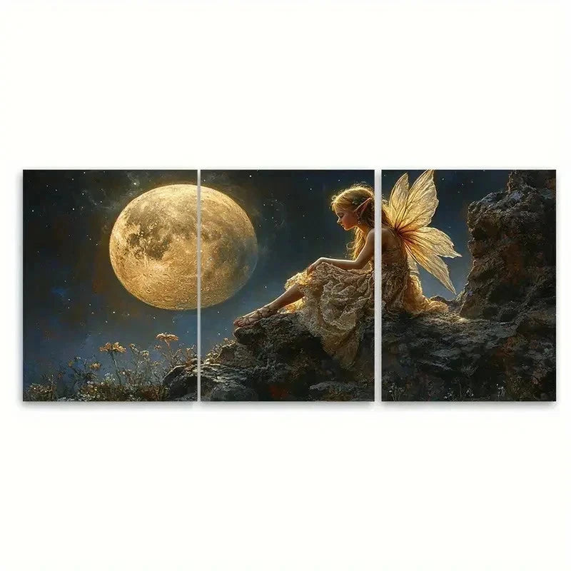 3pcs Moonlit Pixie Fairy Fantasy Decor W  Wall Art Set Canvas Framed 40x60cm - High Quality Print 100% Australian Made Wall Canvas Ready to Hang - Bella Home Decor