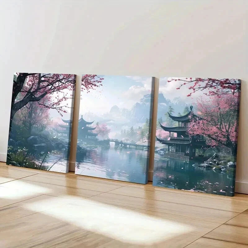 3pcs Japan Traditional Courtyard Landscape Wall Art Set Canvas Framed 60x90cm - High Quality Print 100% Australian Made Wall Canvas Ready to Hang - Bella Home Decor