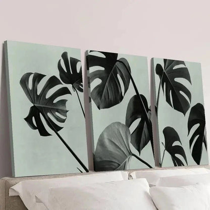 3pcs Black & White Botanical Monstera Leaf Wall Art Set Canvas Framed 40x60cm - High Quality Print 100% Australian Made Wall Canvas Ready to Hang