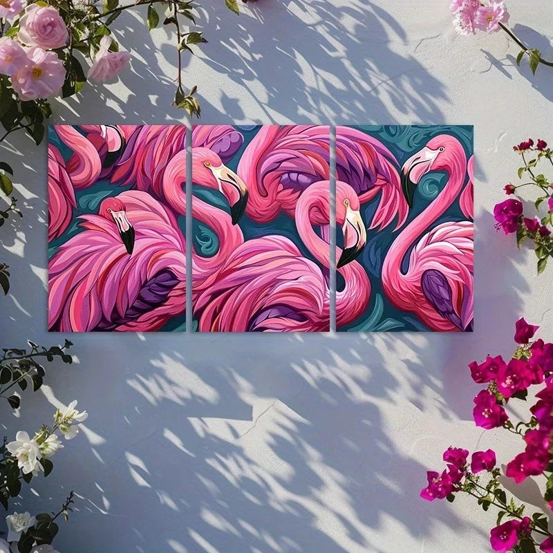 3pcs Oil Painting Flamingos in Groups Metal Print Ready to Hang Art