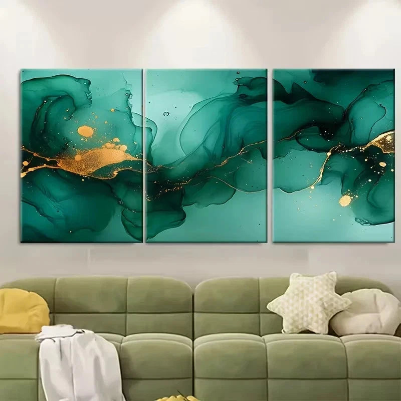 3pcs Shades Of Jade Green Free Flowing Alcohol Wall Art Set Canvas Framed 40x60cm - High Quality Print 100% Australian Made Wall Canvas Ready to Hang
