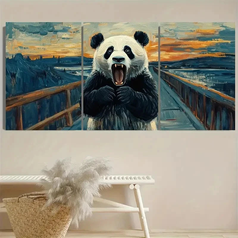 3pcs Panda in The Scream Impressionism Wall Art Set Canvas Framed 60x90cm - High Quality Print 100% Australian Made Wall Canvas Ready to Hang