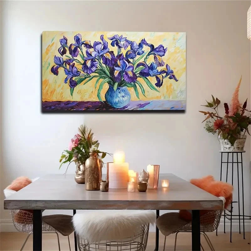 Elegant Purple Irises In Vase Wall Art Canvas Office Home Room Framed 120x60cm