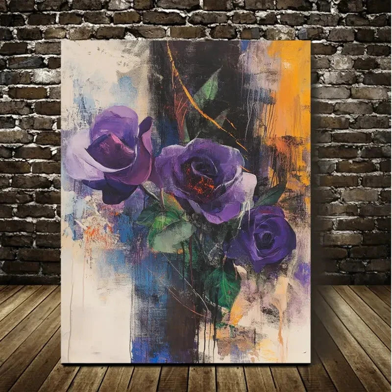 Vibrant Purple Roses & Orange Accents Painting 40x60cm Metal Print Ready to Hang - Bella Home Decor