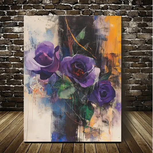 Vibrant Purple Roses & Orange Accents Painting 40x60cm Metal Print Ready to Hang - Bella Home Decor