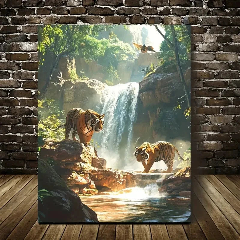 Vibrant Tiger Scene with Crystal Painting 40x60cm Metal Print Ready to Hang - Bella Home Decor