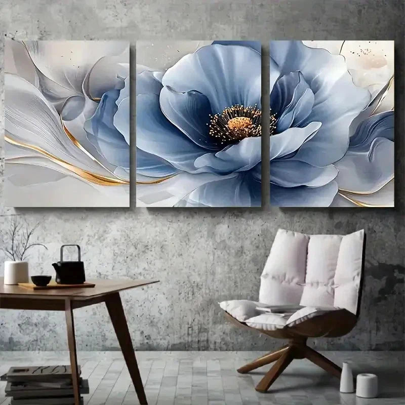 3pcs Golden Accents Blue Poppy Floral Metal Print Ready to Hang Art - Bella Home Decor