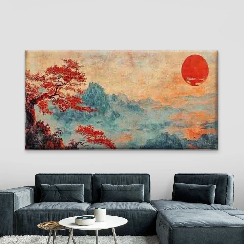 Asian Landscape with Sunset Wall Art Canvas Office Home Room Framed 120x60cm