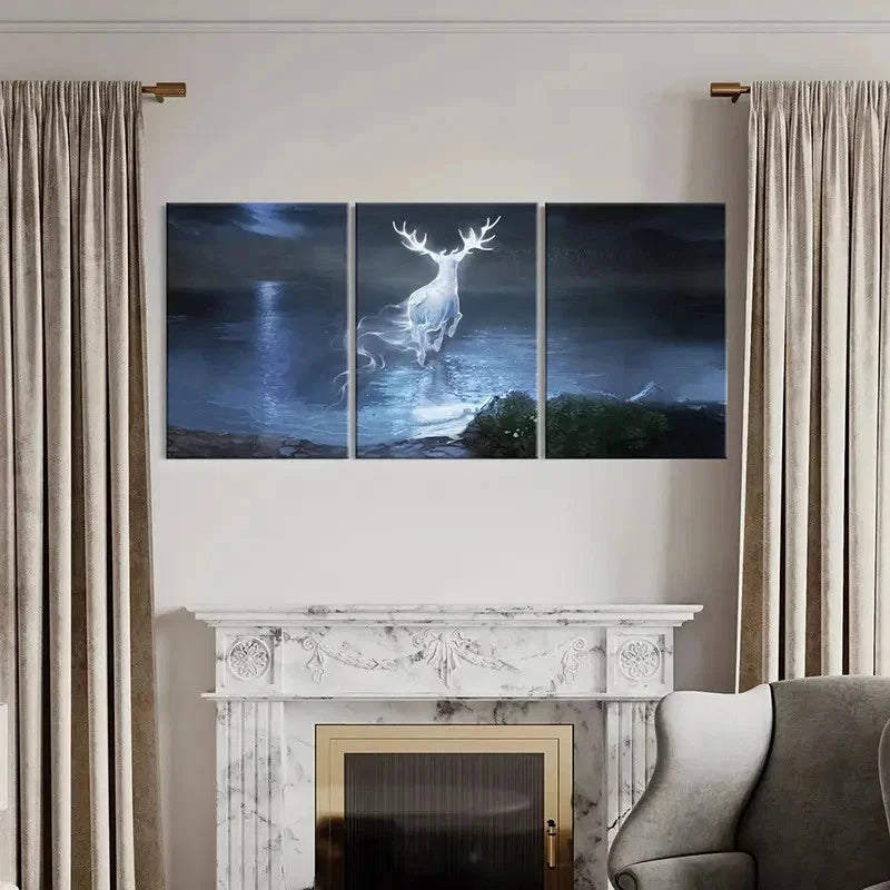 3pcs Enchanted Forest Scene with Glowing Deer Wall Art Set Canvas Framed 50x70cm - High Quality Print 100% Australian Made Wall Canvas Ready to Hang