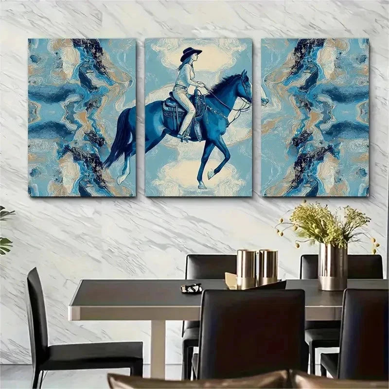 3pcs Giddy Up Blue Cowgirl Perfect Perfect Wall Art Set Canvas Framed 50x70cm - High Quality Print 100% Australian Made Wall Canvas Ready to Hang - Bella Home Decor