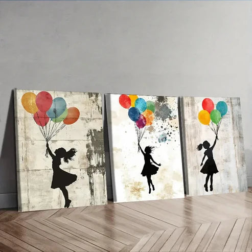 3pcs Featuring a Girl with Balloons Decorating Wall Art Set Canvas Unframed - High Quality Print 100% Australian Made Wall Canvas