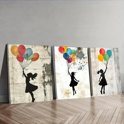 3pcs Featuring a Girl with Balloons Decorating Wall Art Set Canvas Unframed - High Quality Print 100% Australian Made Wall Canvas