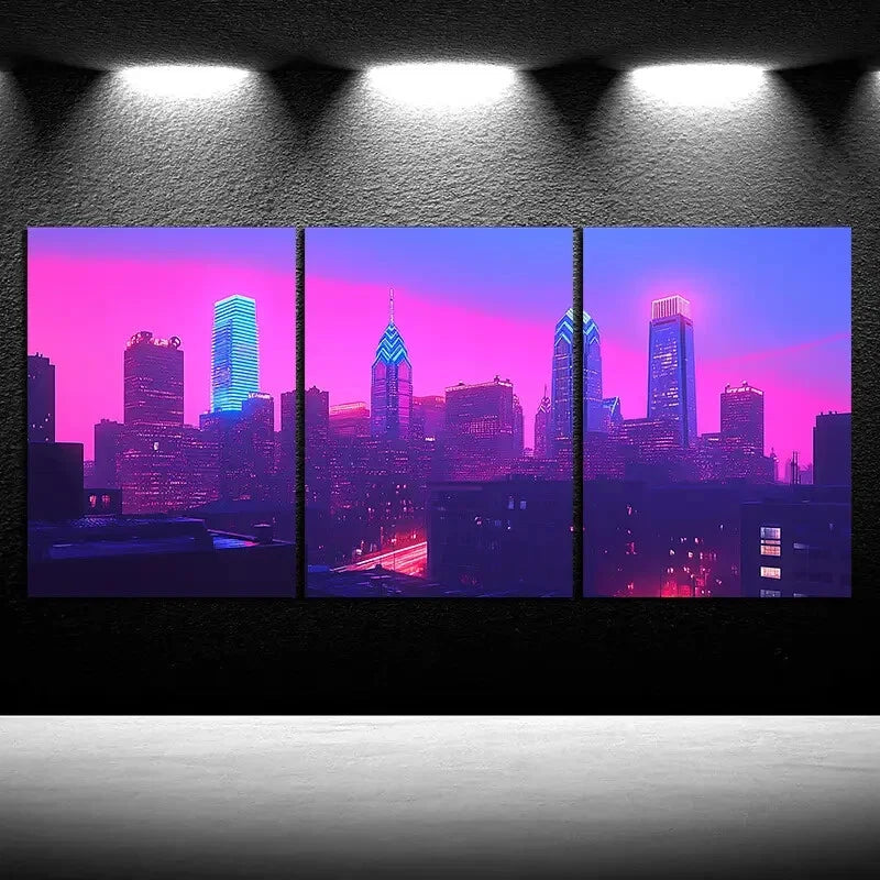 3pcs Colorful City Purple Themed Buildings Metal Print Ready to Hang Art - Bella Home Decor