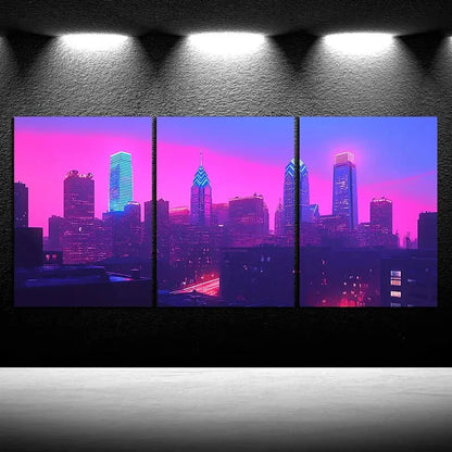 3pcs Colorful City Purple Themed Buildings Metal Print Ready to Hang Art - Bella Home Decor