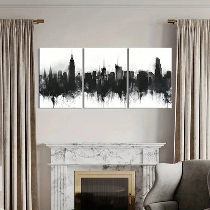 3pcs Black & White Ink Splash Urban Skyline   Wall Art Set Canvas Framed 50x70cm - High Quality Print 100% Australian Made Wall Canvas Ready to Hang - Bella Home Decor