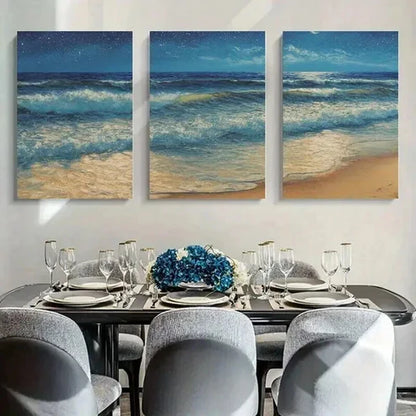 3pcs Ocean Waves & Night Seascape Painting Wall Art Canvas Unframed - High Quality Print 100% Australian Made Wall Canvas
