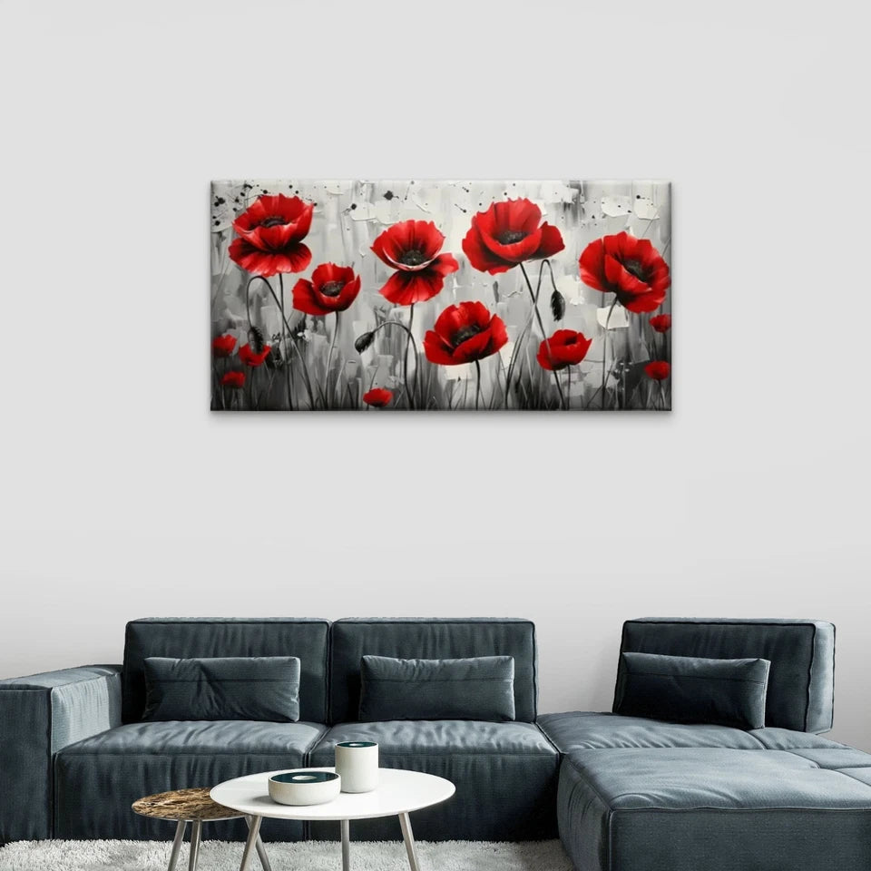 Red Poppies Black White Wall Art Canvas Office Home Room Framed 120x60cm