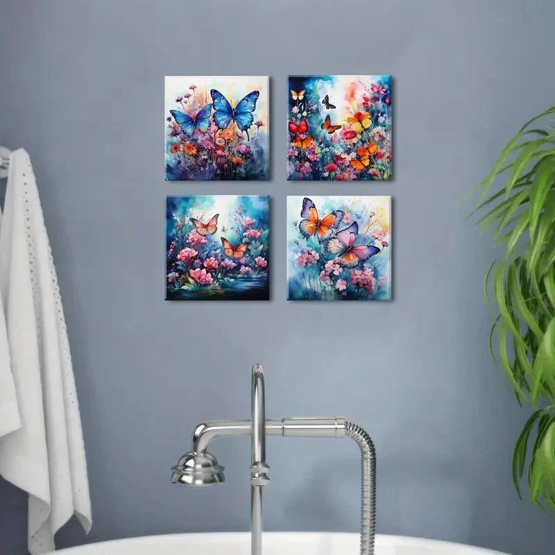 4pcs Vibrant Blue Butterfly Wall Art Canvas Framed
