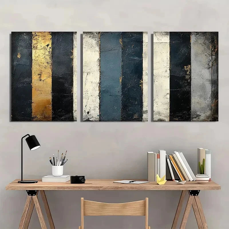 3pcs Black White & Golden Stripes Metal Print Ready to Hang Art - Bella Home Decor