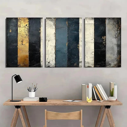 3pcs Black White & Golden Stripes Metal Print Ready to Hang Art - Bella Home Decor
