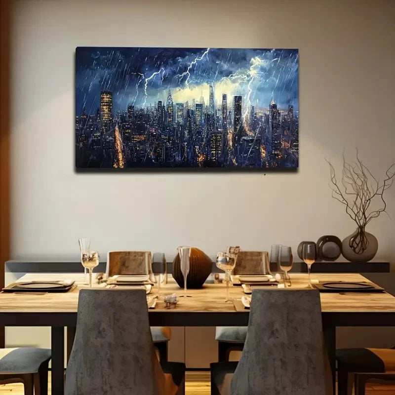 Lightning Storm Rainy Cityscape Wall Art Canvas Office Home Room Framed 120x60cm
