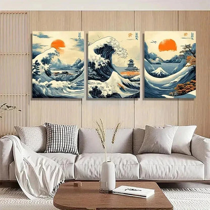 3pcs Japanese Wave Ukiyo-E Ocean Perfect Wall Art Set Canvas Framed 60x90cm - High Quality Print 100% Australian Made Wall Canvas Ready to Hang